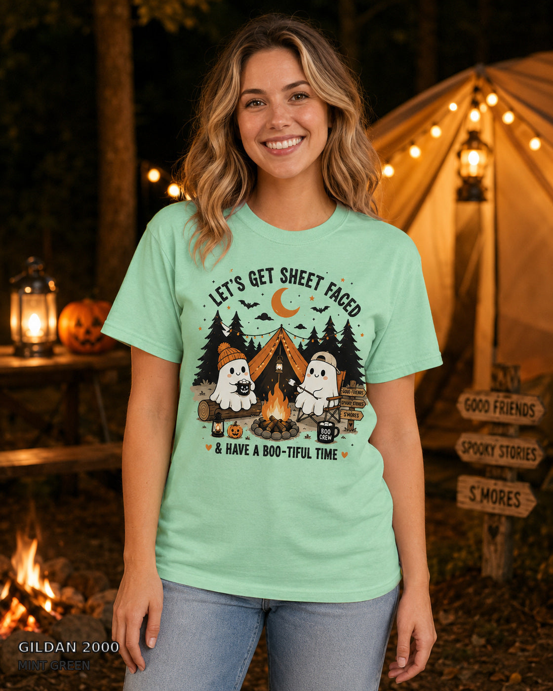 Let's Get Sheet Faced ghost camping T-shirt on centered female model — Gildan 2000 Mint Green