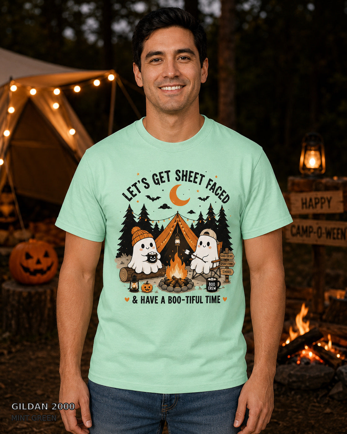 Let's Get Sheet Faced ghost camping T-shirt on centered male model — Gildan 2000 Mint Green