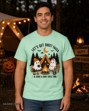 Let's Get Sheet Faced ghost camping T-shirt on centered male model — Gildan 2000 Mint Green