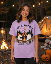 Let's Get Sheet Faced ghost camping T-shirt on centered female model — Gildan 2000 Orchid
