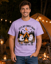 Let's Get Sheet Faced ghost camping T-shirt on centered male model — Gildan 2000 Orchid