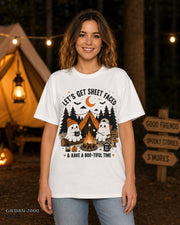 Let's Get Sheet Faced ghost camping T-shirt on centered female model — Gildan 2000 White