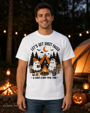 Let's Get Sheet Faced ghost camping T-shirt on centered male model — Gildan 2000 White