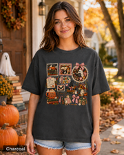 Woman wearing a Charcoal Spooky Book Lover ghost Halloween T-shirt