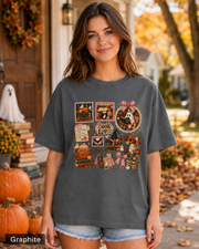 Woman wearing a Graphite Spooky Book Lover ghost Halloween T-shirt