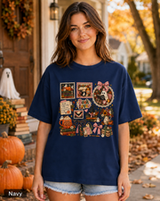Woman wearing a Navy Spooky Book Lover ghost Halloween T-shirt