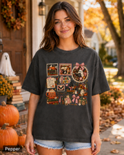 Woman wearing a Pepper Spooky Book Lover ghost Halloween T-shirt