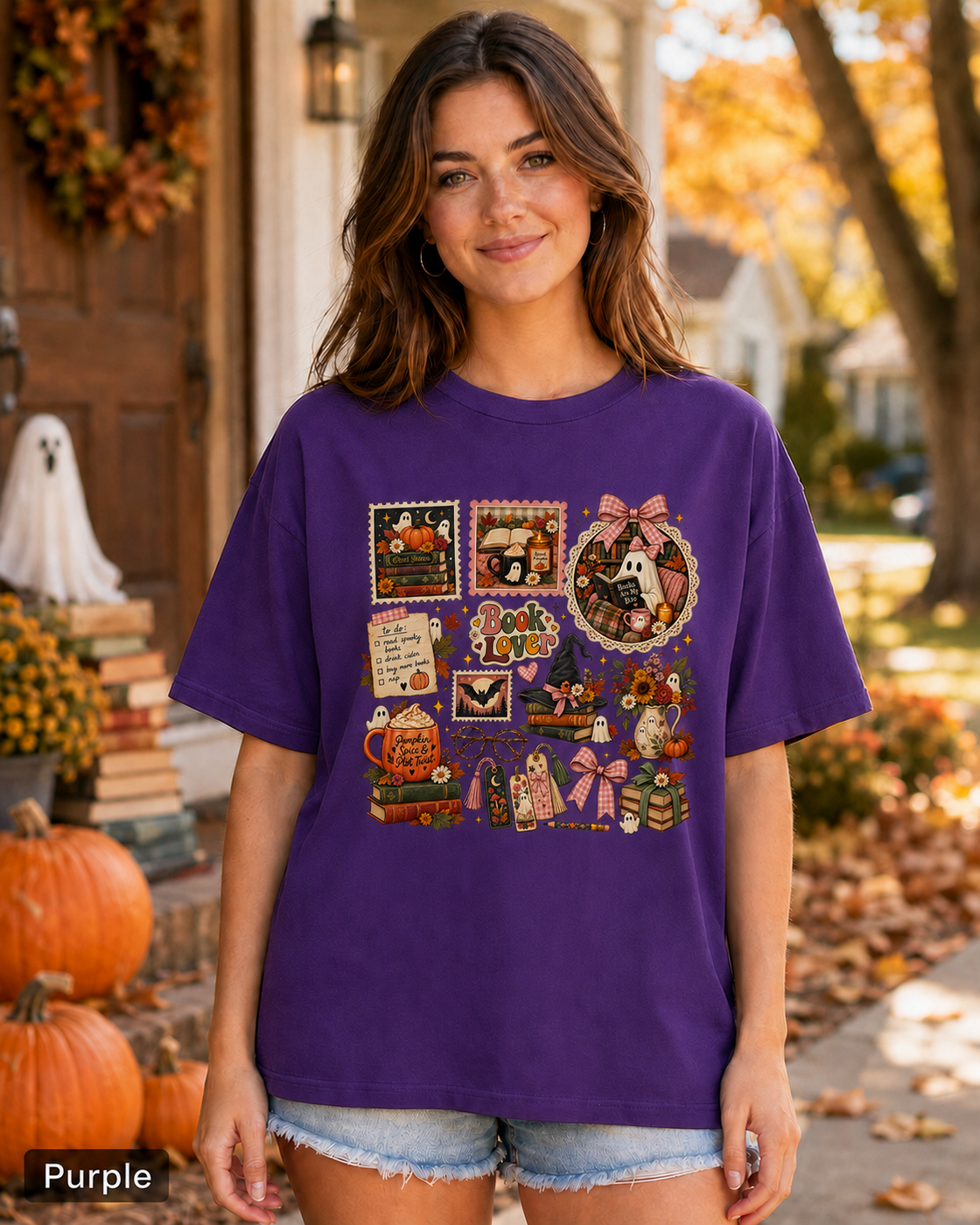 Woman wearing a Purple Spooky Book Lover ghost Halloween T-shirt