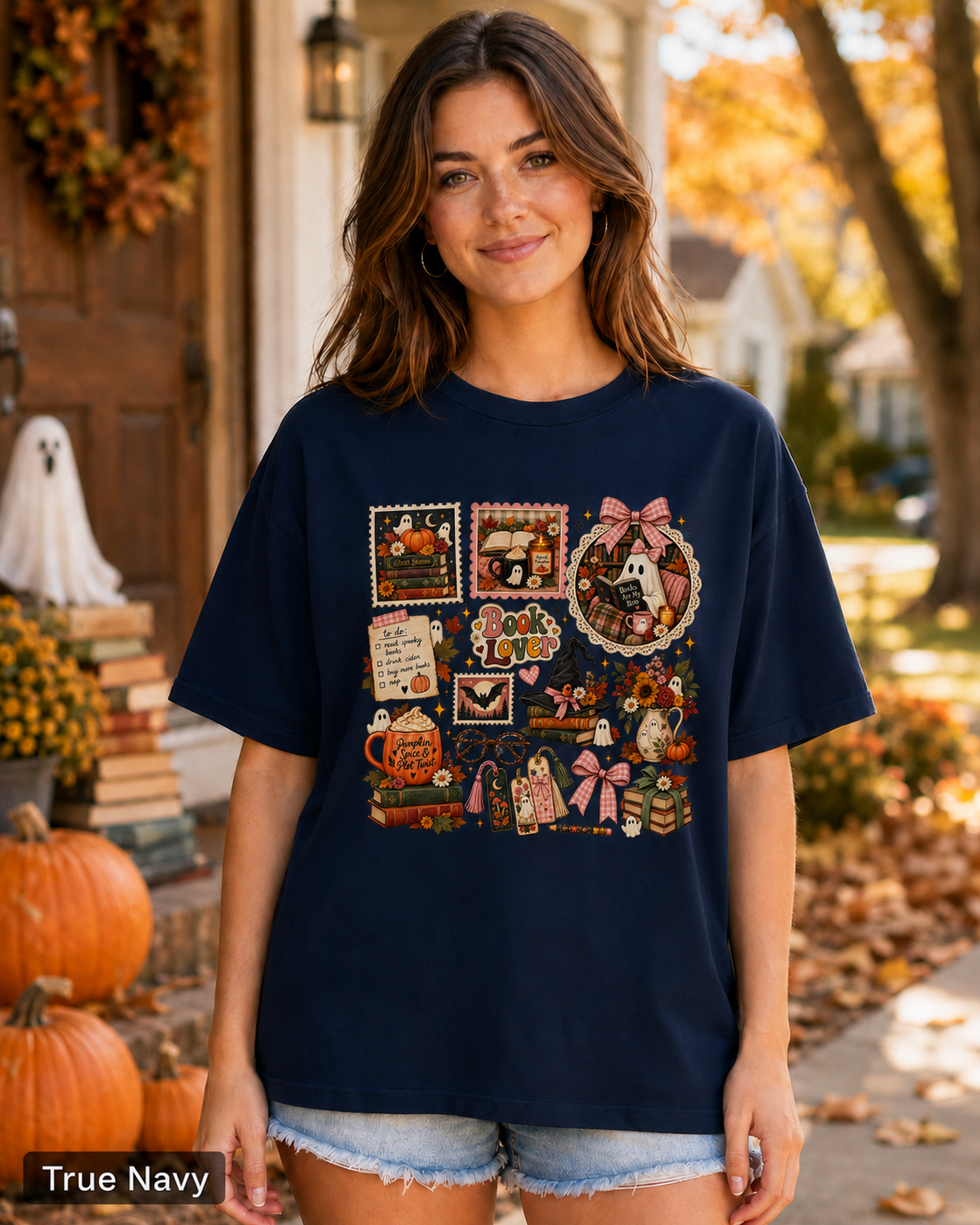 Woman wearing a True Navy Spooky Book Lover ghost Halloween T-shirt