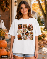 Woman wearing a White Spooky Book Lover ghost Halloween T-shirt
