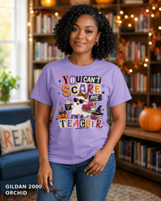 Female model wearing You Can't Scare Me I'm a Teacher Halloween T-shirt - Gildan 2000 - Orchid