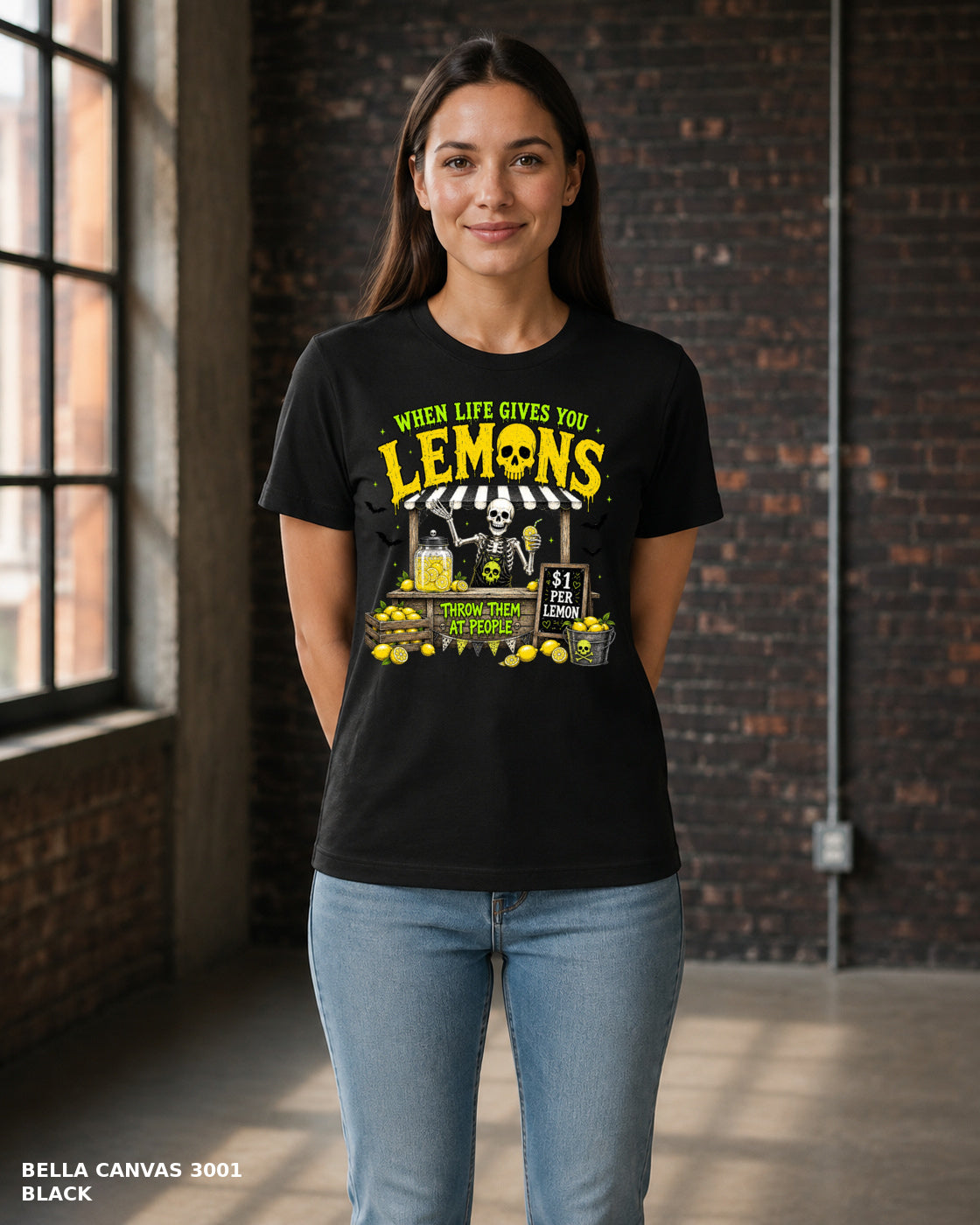 Female model wearing Bella Canvas 3001 Black When Life Gives You Lemons skeleton Halloween T-shirt, corrected artwork