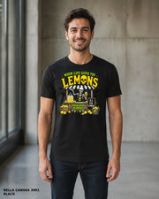 Male model wearing Bella Canvas 3001 Black When Life Gives You Lemons skeleton Halloween T-shirt, corrected artwork