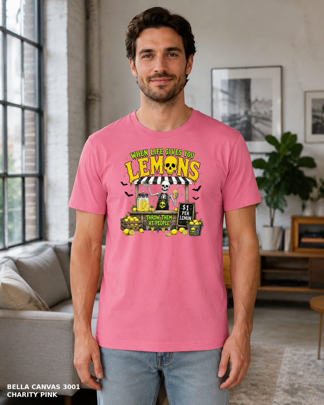 Male model wearing Bella Canvas 3001 Charity Pink When Life Gives You Lemons skeleton Halloween T-shirt, corrected artwork
