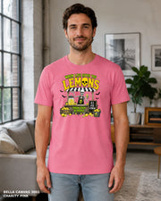 Male model wearing Bella Canvas 3001 Charity Pink When Life Gives You Lemons skeleton Halloween T-shirt, corrected artwork