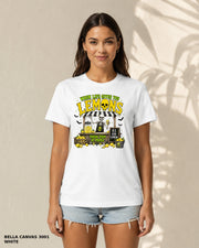 Female model wearing Bella Canvas 3001 White When Life Gives You Lemons skeleton Halloween T-shirt, artwork positioned slightly lower