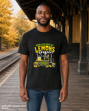 Male model wearing Comfort Colors 1717 Black When Life Gives You Lemons skeleton Halloween T-shirt, corrected artwork