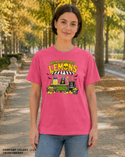 Female model wearing Comfort Colors 1717 Crunchberry When Life Gives You Lemons skeleton Halloween T-shirt, artwork positioned slightly lower