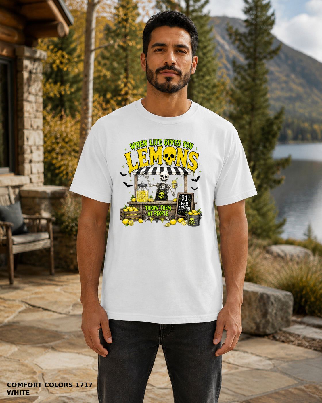 Male model wearing Comfort Colors 1717 White When Life Gives You Lemons skeleton Halloween T-shirt, corrected artwork