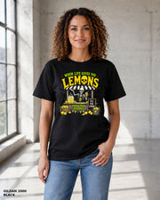 Female model wearing Gildan 2000 Black When Life Gives You Lemons skeleton Halloween T-shirt, corrected artwork
