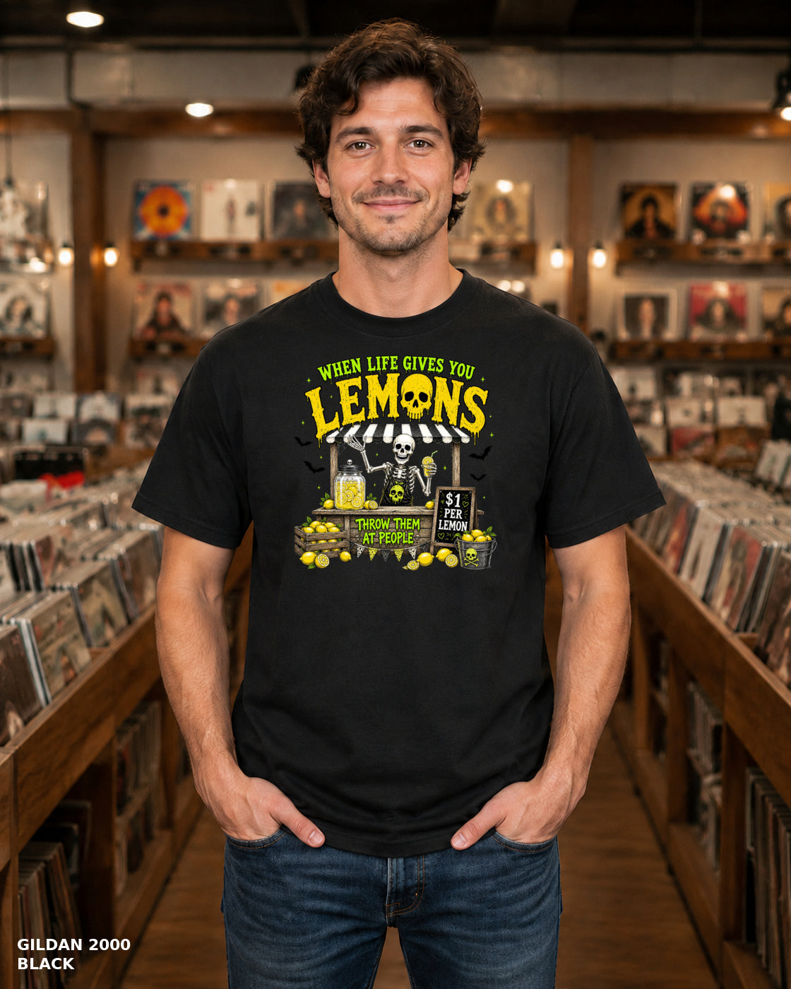 Male model wearing Gildan 2000 Black When Life Gives You Lemons skeleton Halloween T-shirt, corrected artwork