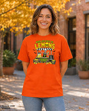 Female model wearing Gildan 2000 Orange When Life Gives You Lemons skeleton Halloween T-shirt, corrected artwork