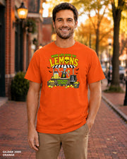 Male model wearing Gildan 2000 Orange When Life Gives You Lemons skeleton Halloween T-shirt, corrected artwork