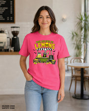 Female model wearing Gildan 2000 Safety Pink When Life Gives You Lemons skeleton Halloween T-shirt, corrected artwork