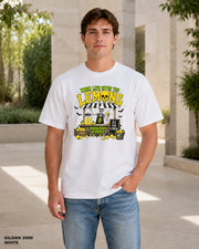 Male model wearing Gildan 2000 White When Life Gives You Lemons skeleton Halloween T-shirt, corrected artwork