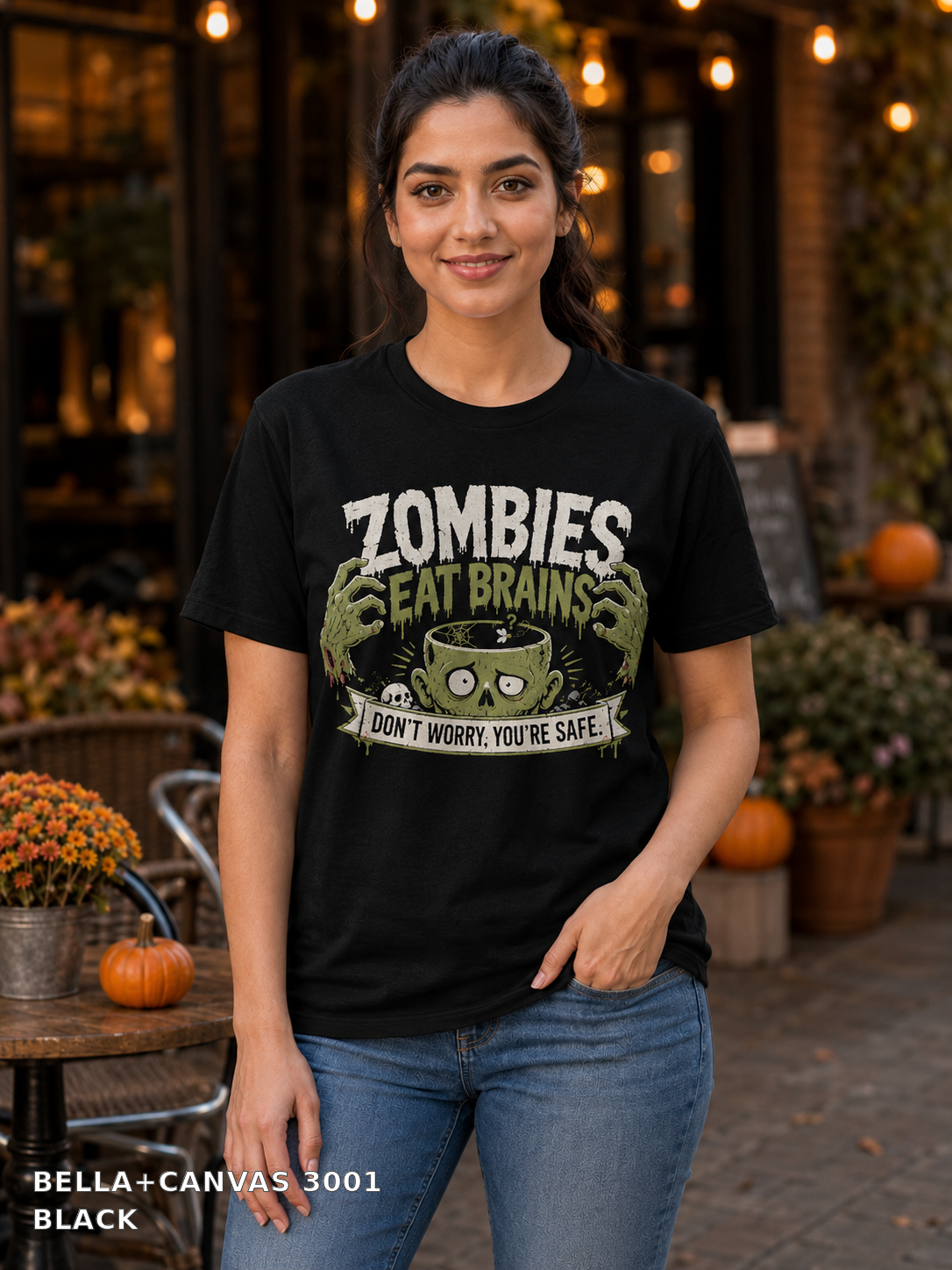 Female model wearing the Bella Canvas 3001 Black Zombies Eat Brains funny Halloween T-shirt