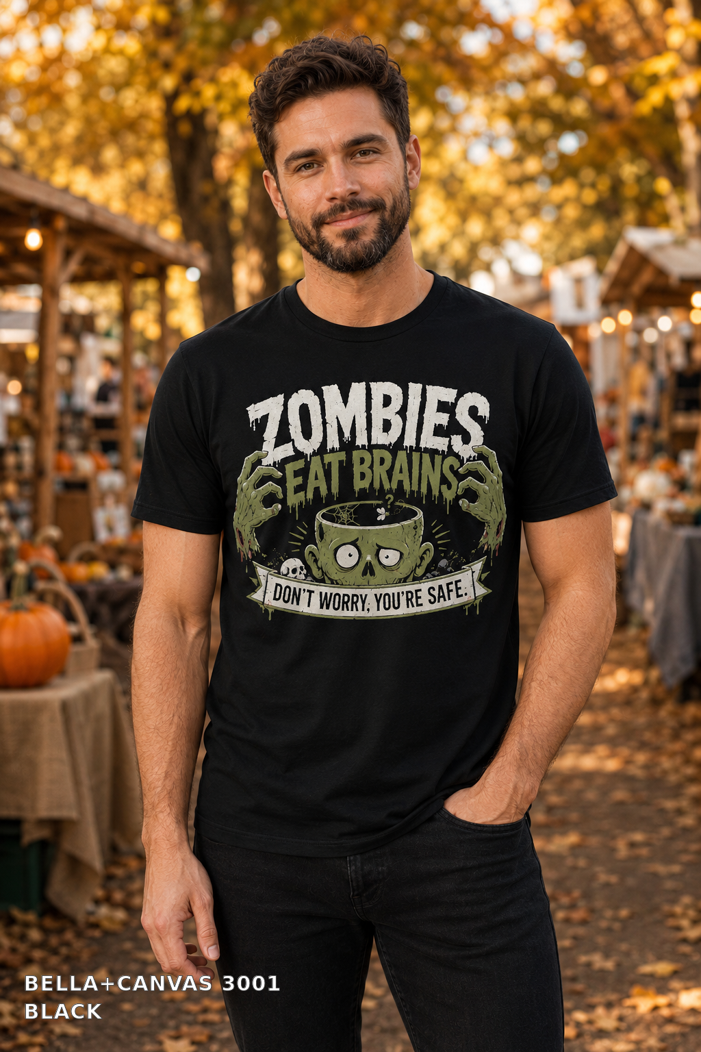 Male model wearing the Bella Canvas 3001 Black Zombies Eat Brains funny Halloween T-shirt
