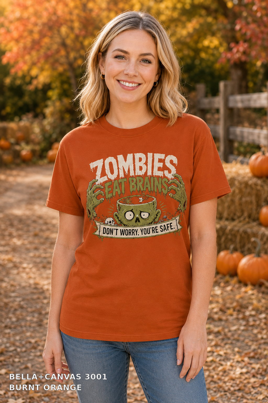Female model wearing the Bella Canvas 3001 Burnt Orange Zombies Eat Brains funny Halloween T-shirt