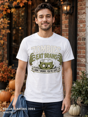 Male model wearing the Bella Canvas 3001 White Zombies Eat Brains funny Halloween T-shirt