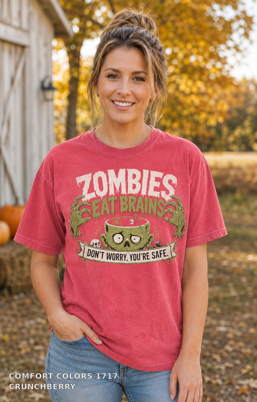 Female model wearing the Comfort Colors 1717 Crunchberry Zombies Eat Brains funny Halloween T-shirt