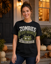 Female model wearing the Gildan 2000 Black Zombies Eat Brains funny Halloween T-shirt