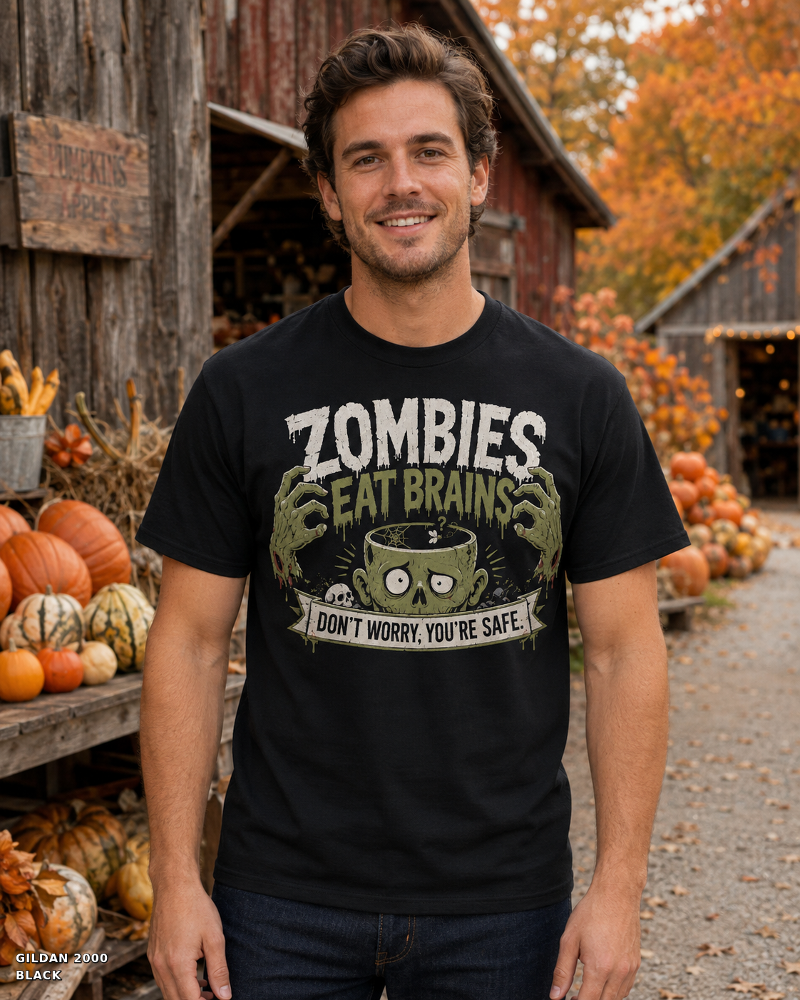 Male model wearing the Gildan 2000 Black Zombies Eat Brains funny Halloween T-shirt