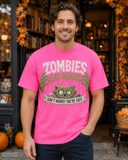 Male model wearing the Gildan 2000 Safety Pink Zombies Eat Brains funny Halloween T-shirt