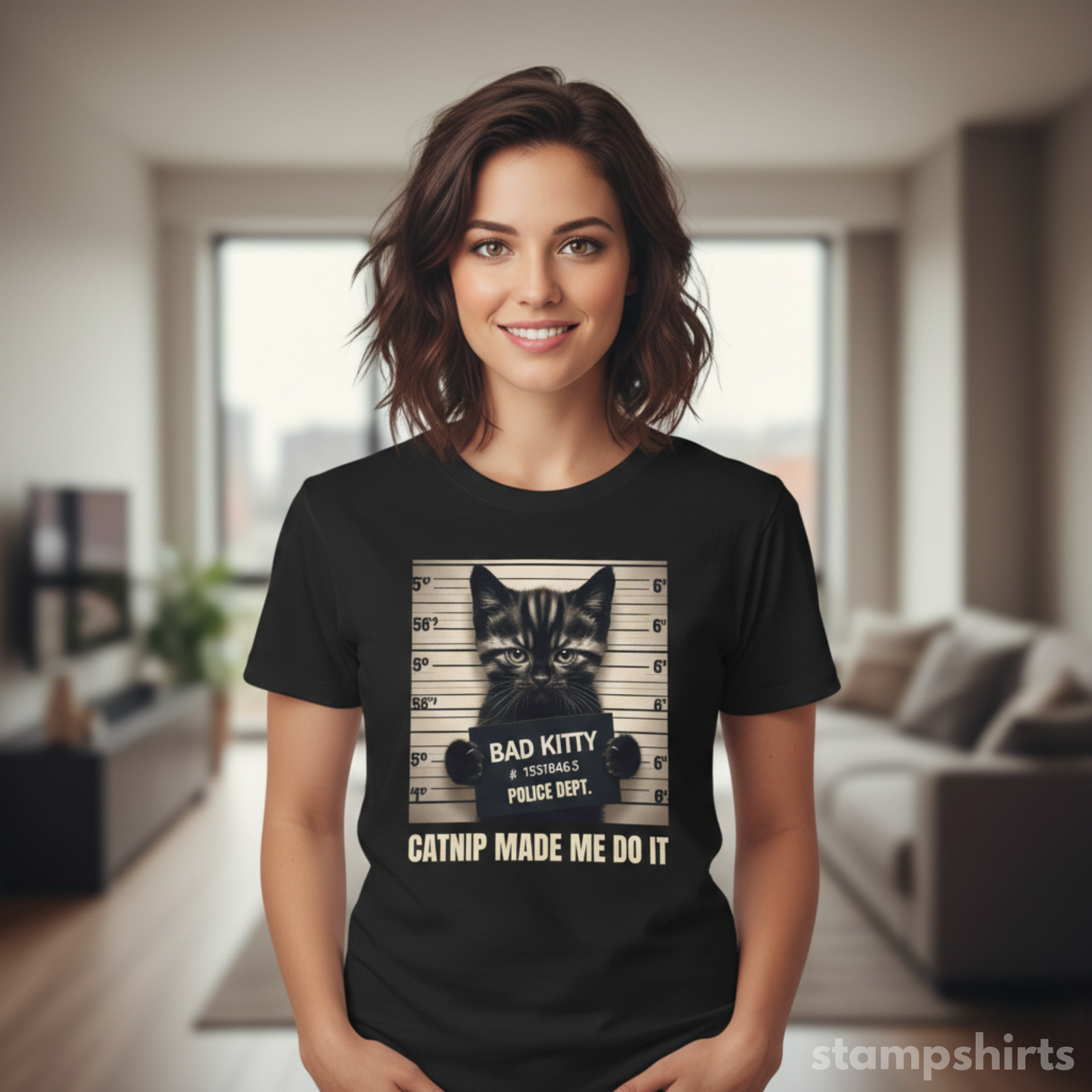 Bad Kitty Mugshot Cat T‑Shirt