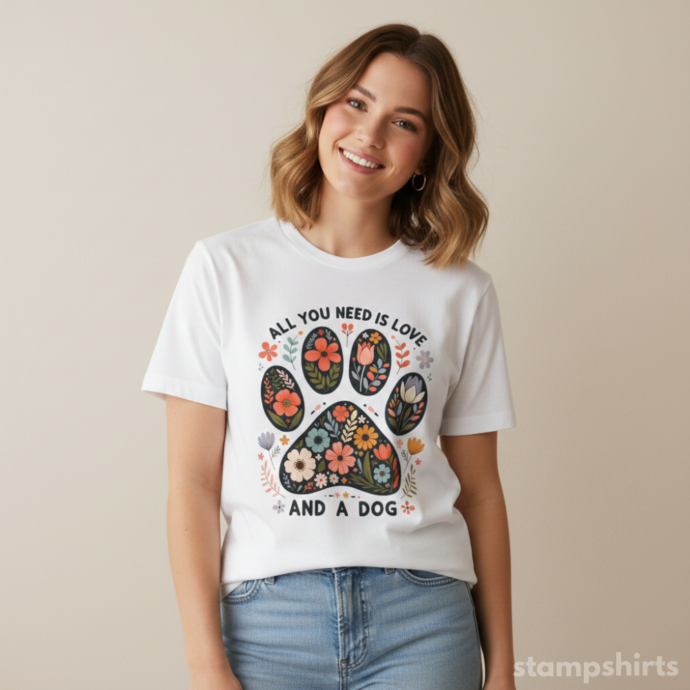 All You Need Is Love and a Dog Paw Floral T-Shirt
