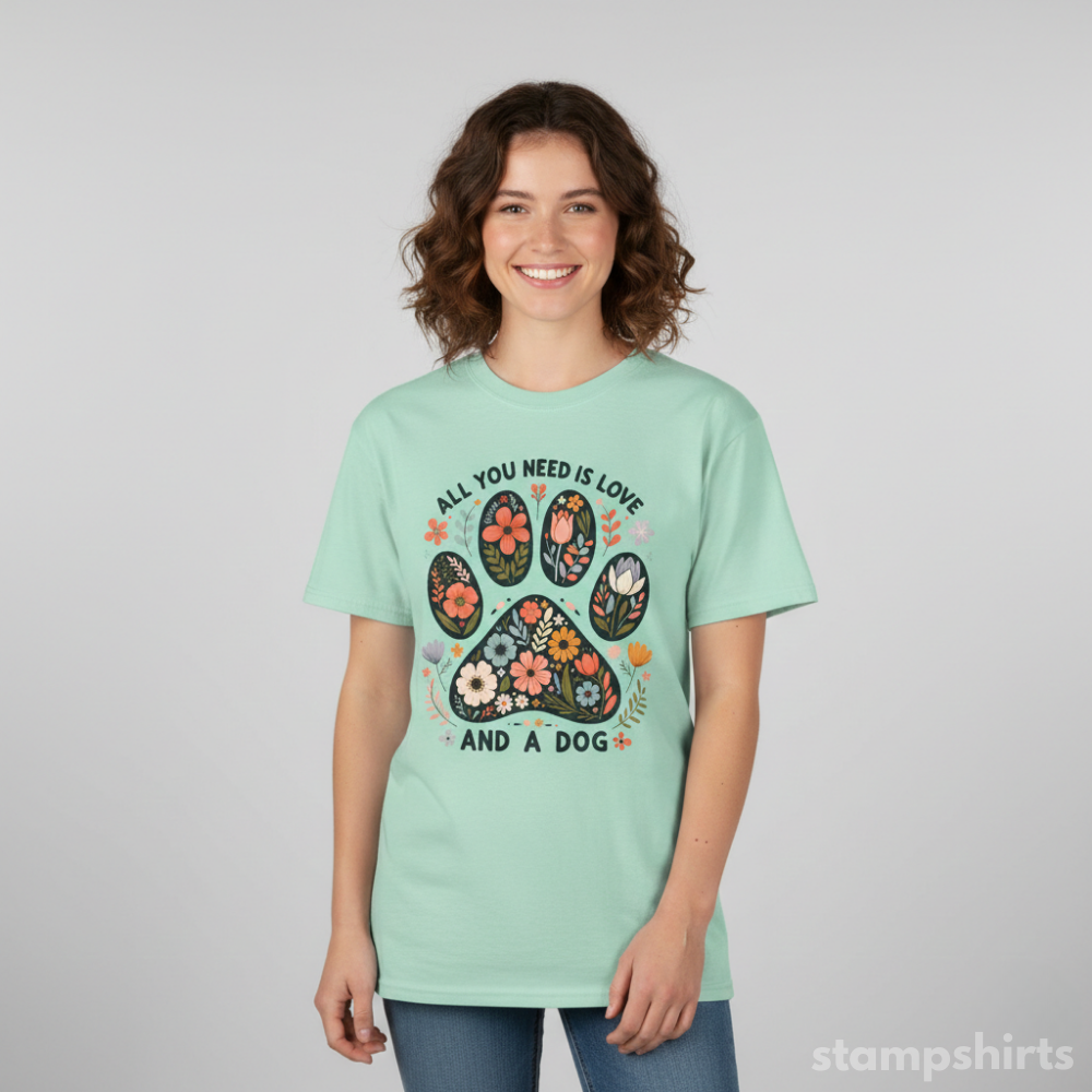 All You Need Is Love and a Dog Paw Floral T-Shirt