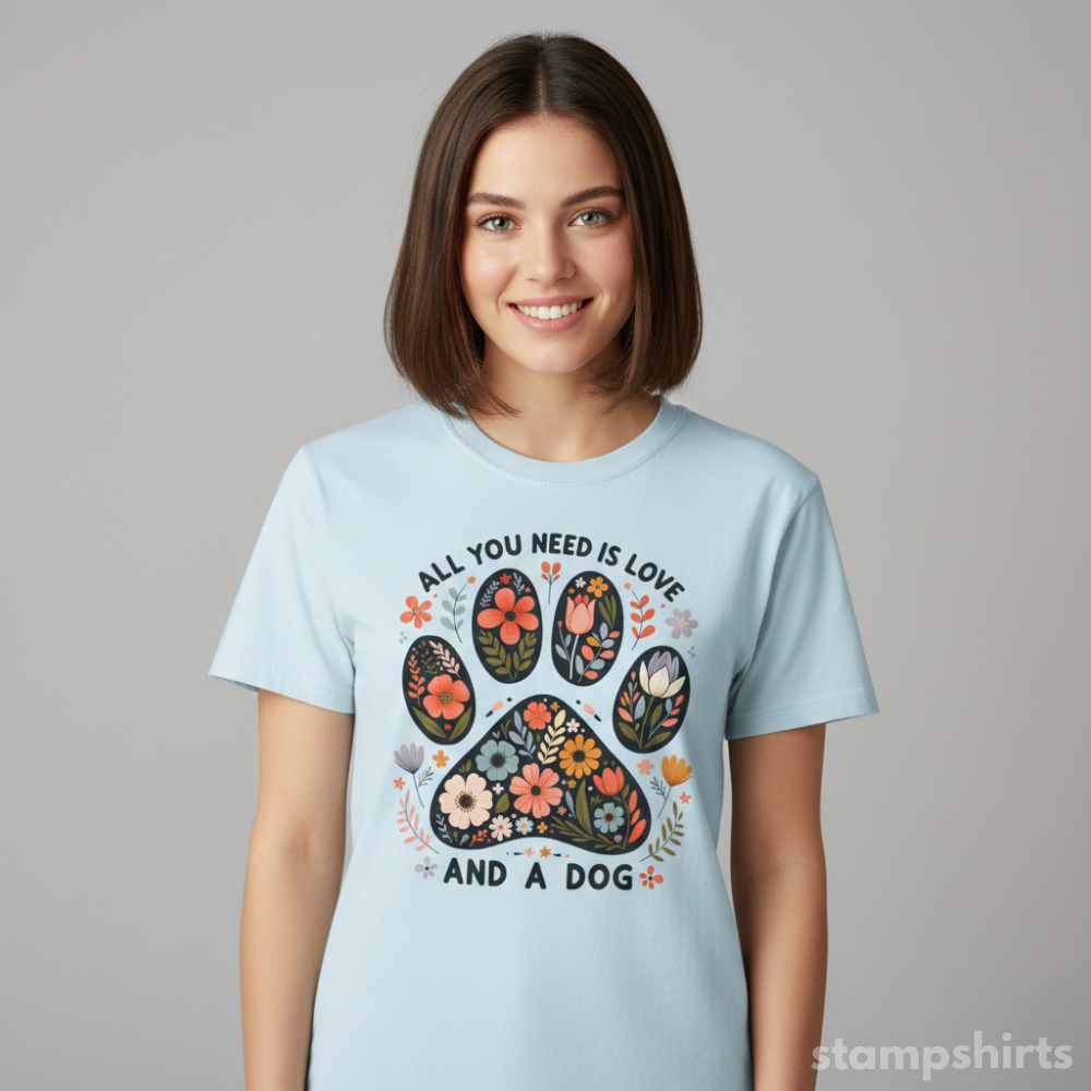 All You Need Is Love and a Dog Paw Floral T-Shirt