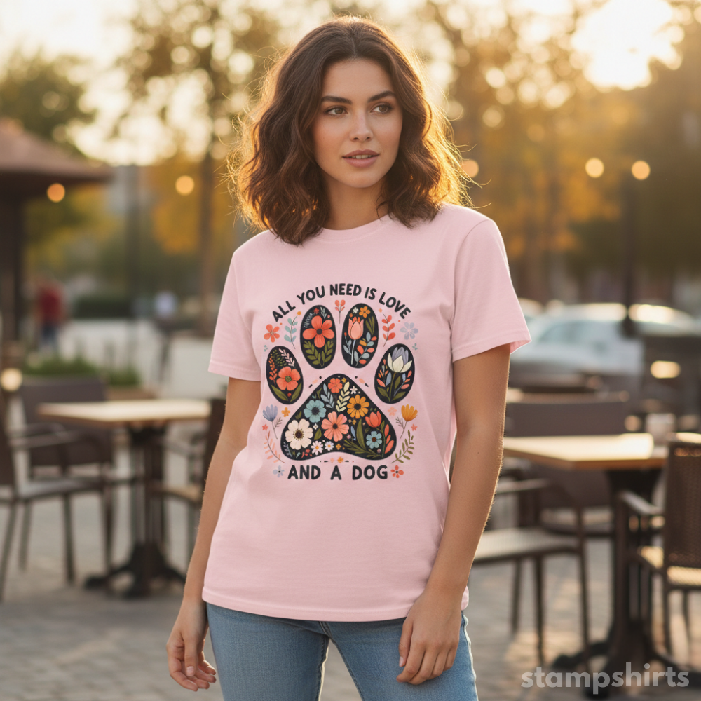 All You Need Is Love and a Dog Paw Floral T-Shirt