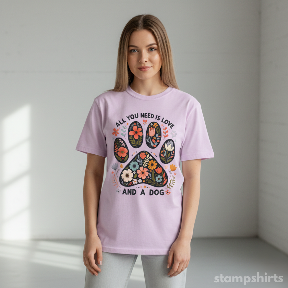 All You Need Is Love and a Dog Paw Floral T-Shirt