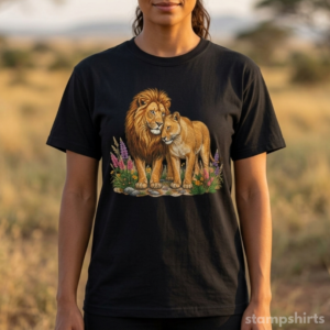 Majestic Lion & Lioness Floral T-Shirt