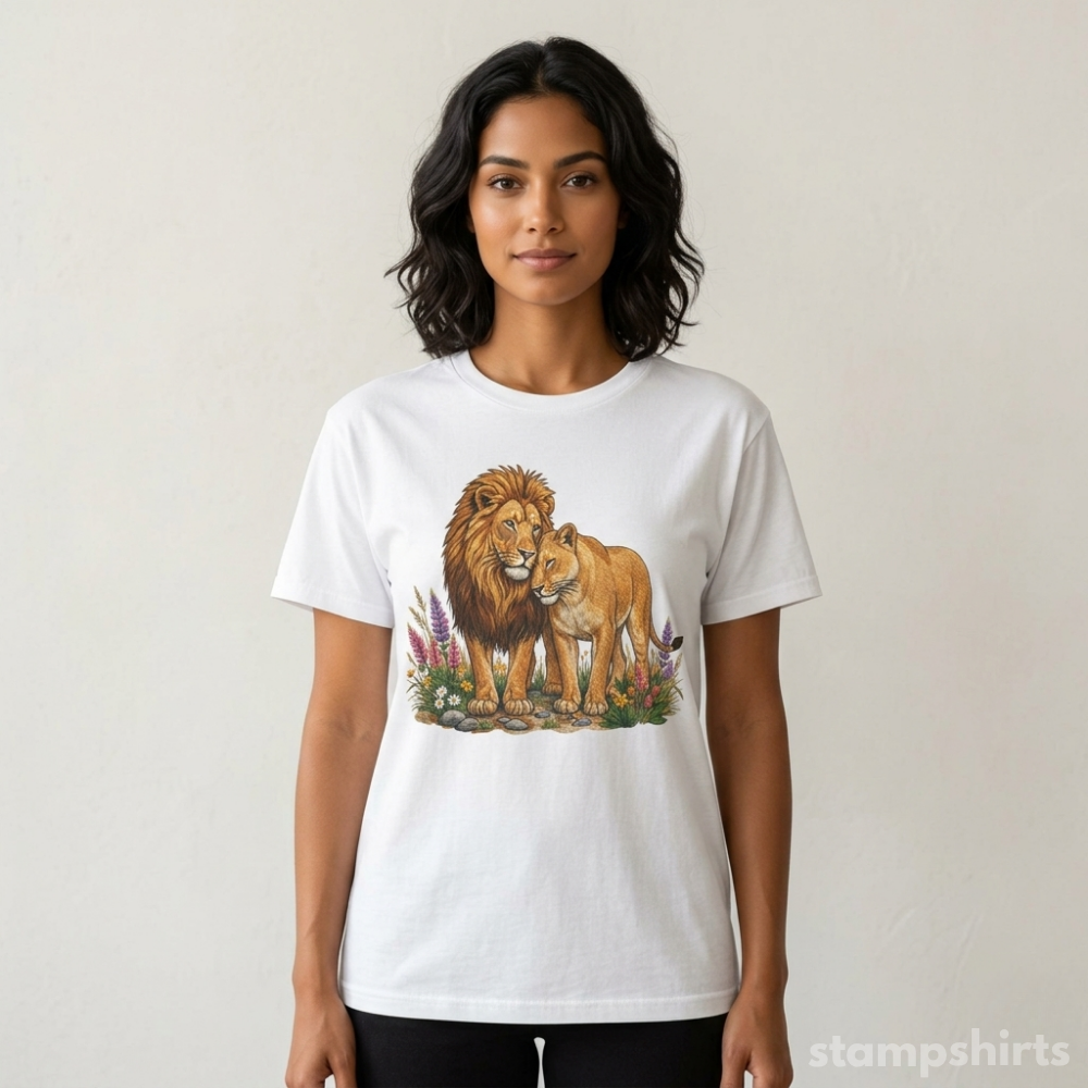 Majestic Lion & Lioness Floral T-Shirt
