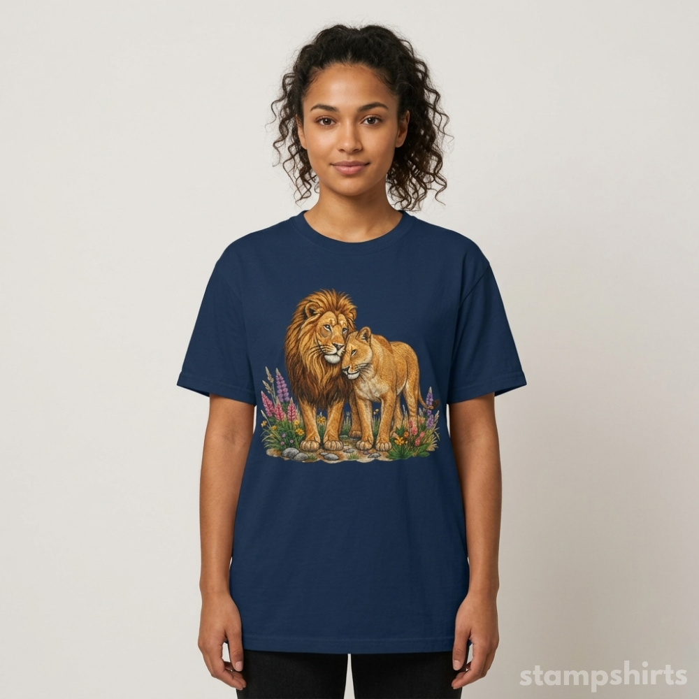 Majestic Lion & Lioness Floral T-Shirt