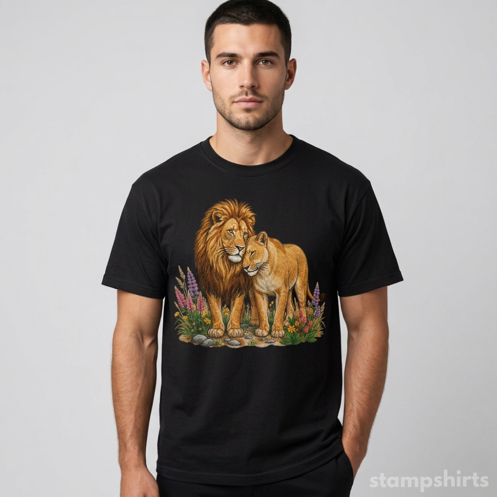 Majestic Lion & Lioness Floral T-Shirt