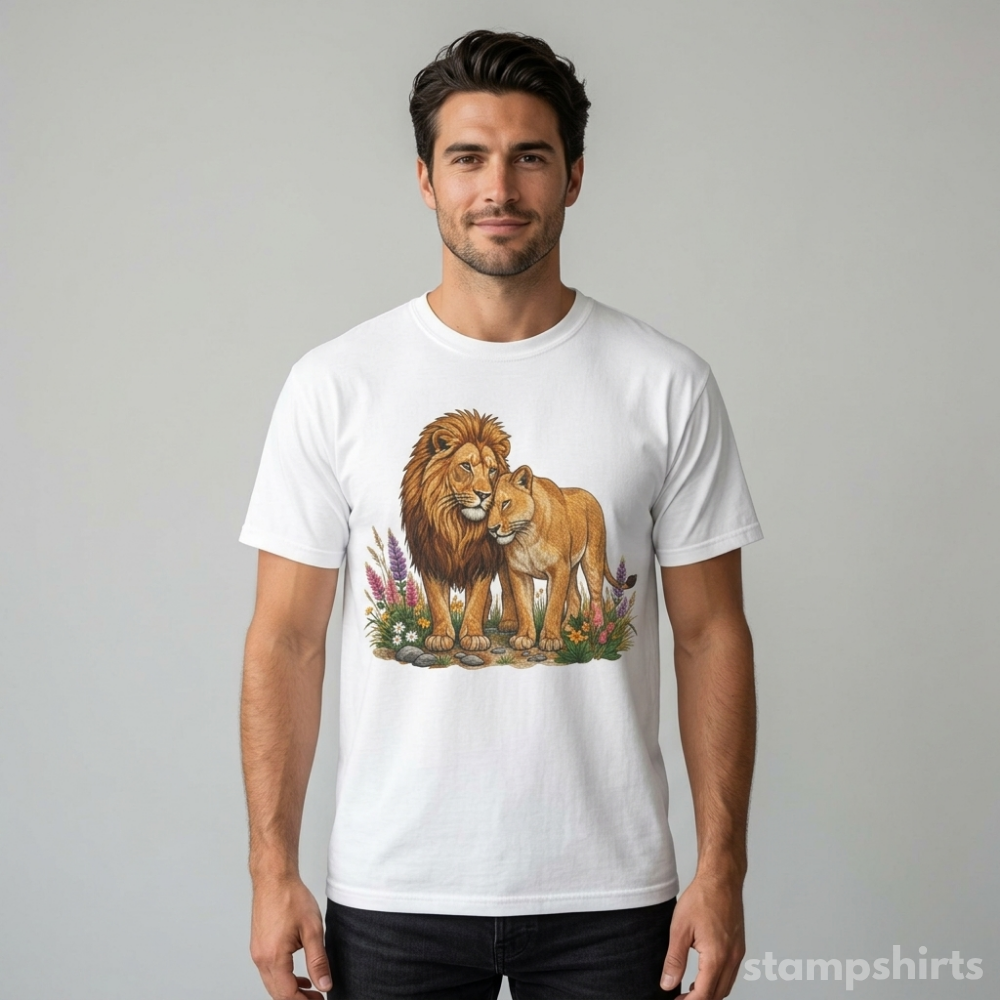 Majestic Lion & Lioness Floral T-Shirt