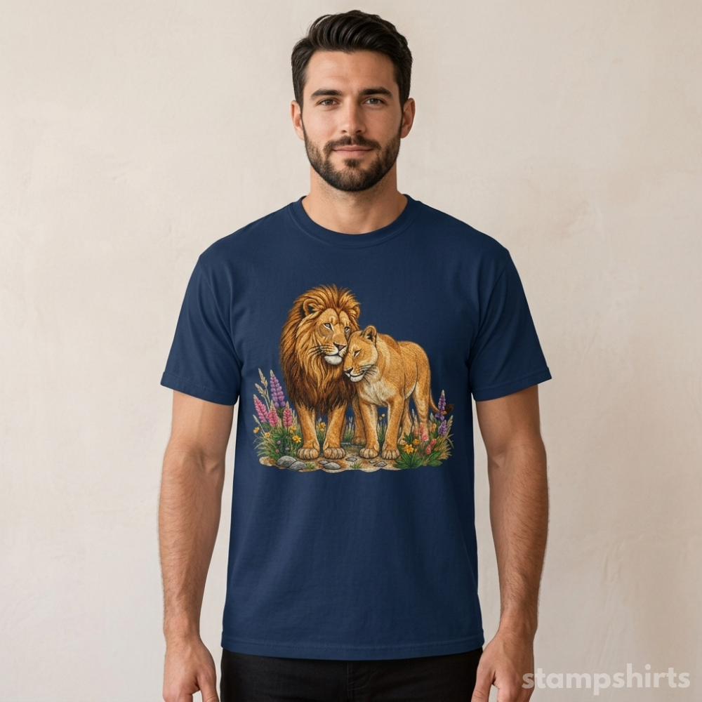 Majestic Lion & Lioness Floral T-Shirt